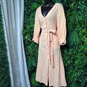H&M Dress Small Peach Midi Button Front Belted V Neck Long Sleeve Cotton 3475